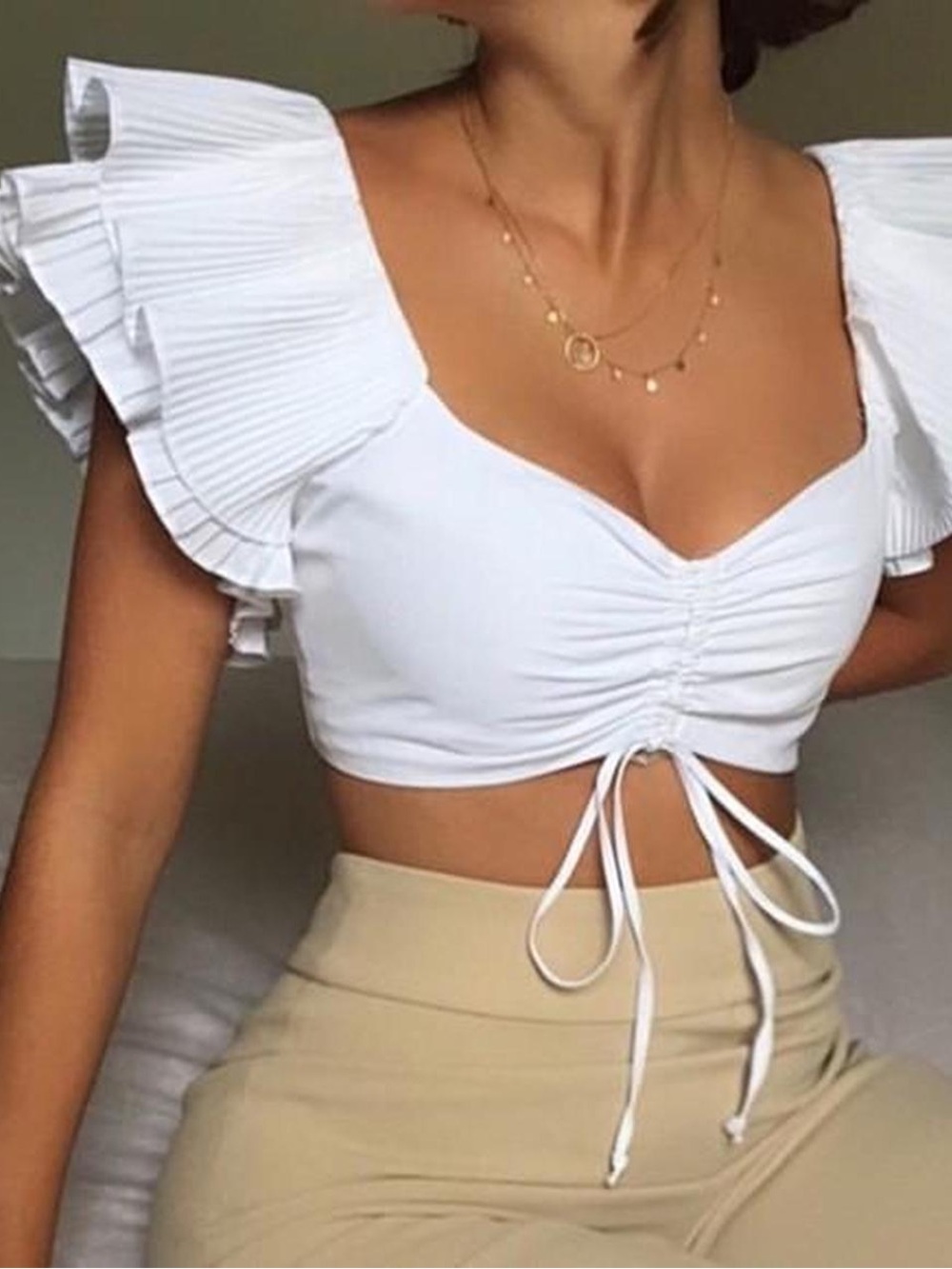 Zara Ruffle Cap Sleeve Ruched Tie-Front Crop Top XS White